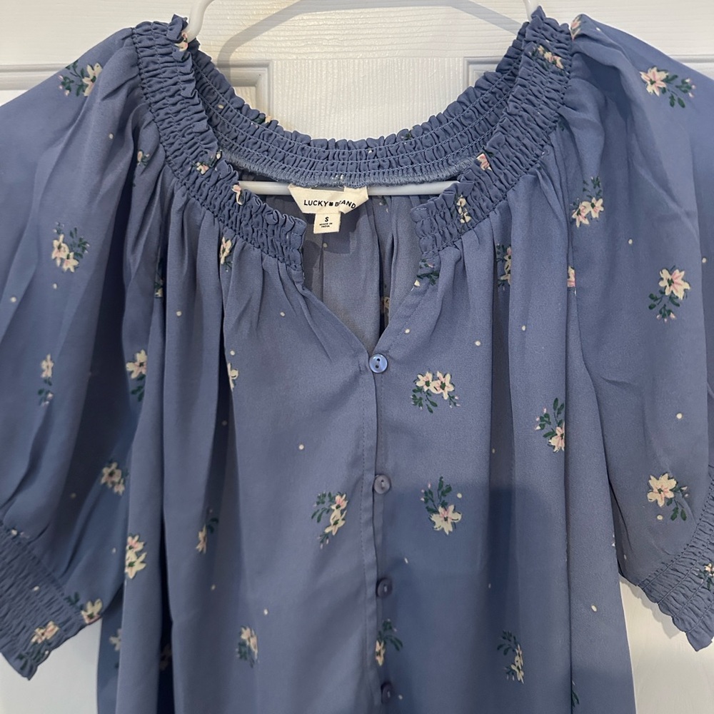 Lucky Brand Dusty Blue Floral Smocked-Neck Blouse